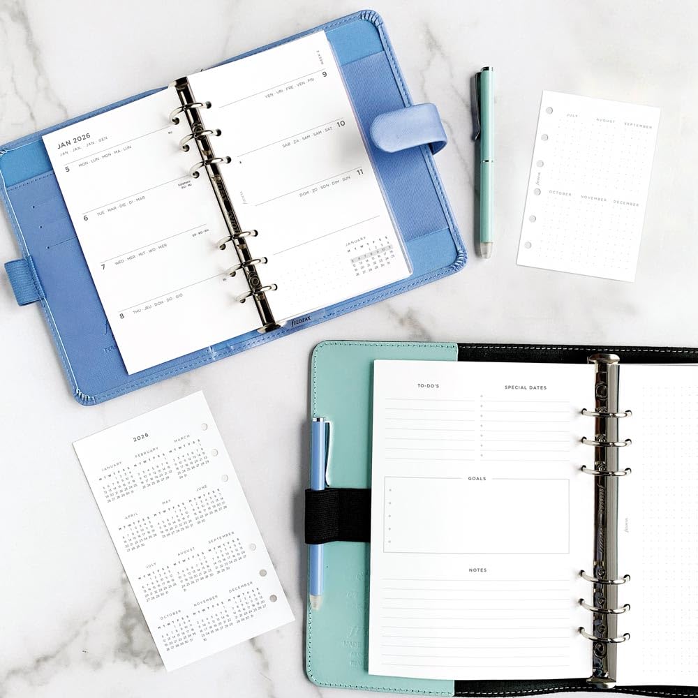 Filofax Kalender-Tagebuch-Nachfüllpackung, persönliche/kompakte Größe, Wochenansicht, minimales Tagebuchpaket, weißes Papier, mehrsprachig: fünf Sprachen, 2026 (C68490-26)