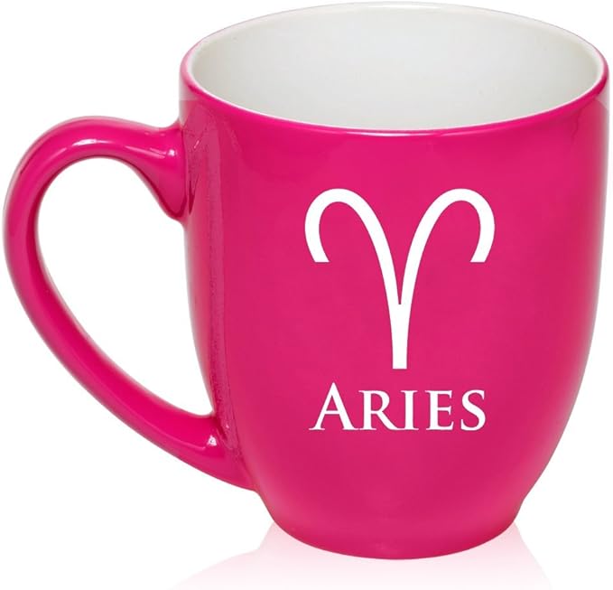 16 oz Large Bistro Mug Ceramic Coffee Tea Glass Cup Horoscope Zodiac Birth Sign Aries (Hot Pink)