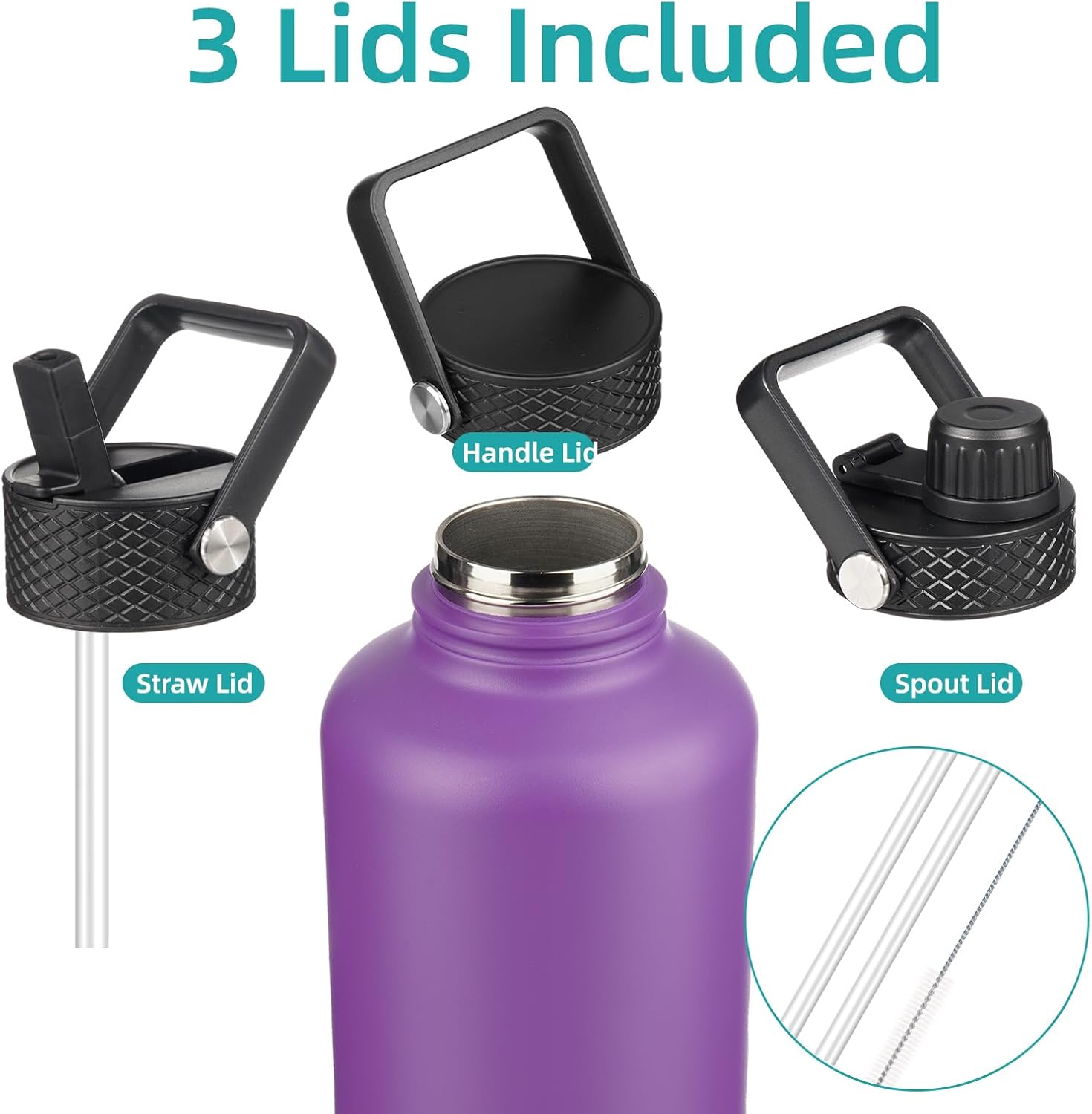 Half Gallon Insulated Water Bottle with Straw,64 oz 3 Lids Water Jug with Carrying Bag,Paracord Handle,Double Wall Vacuum Stainless Steel Metal Flask,Purple - Image 4