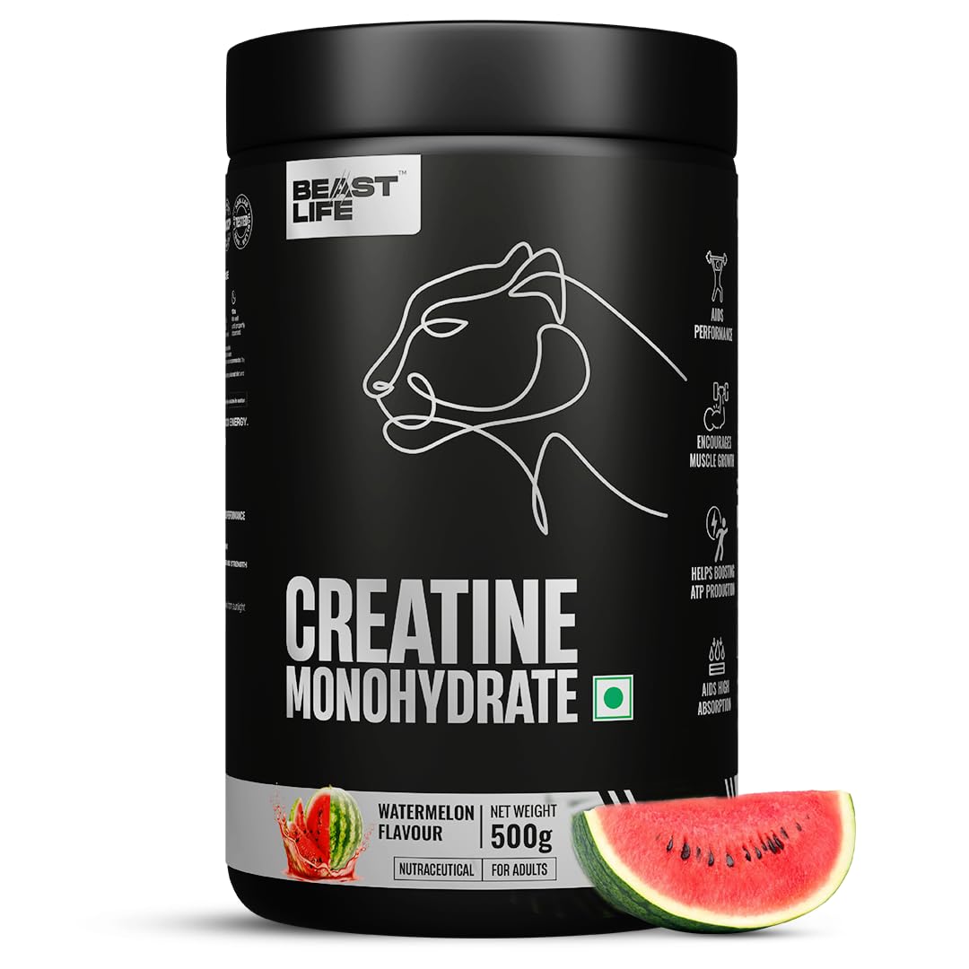 BEASTLIFE Super Micronized Creatine Monohydrate Powder 500g | 135 Servings Watermelon Flavor | NABL Lab Tested | Premium Sports Nutrition for Strength & Performance