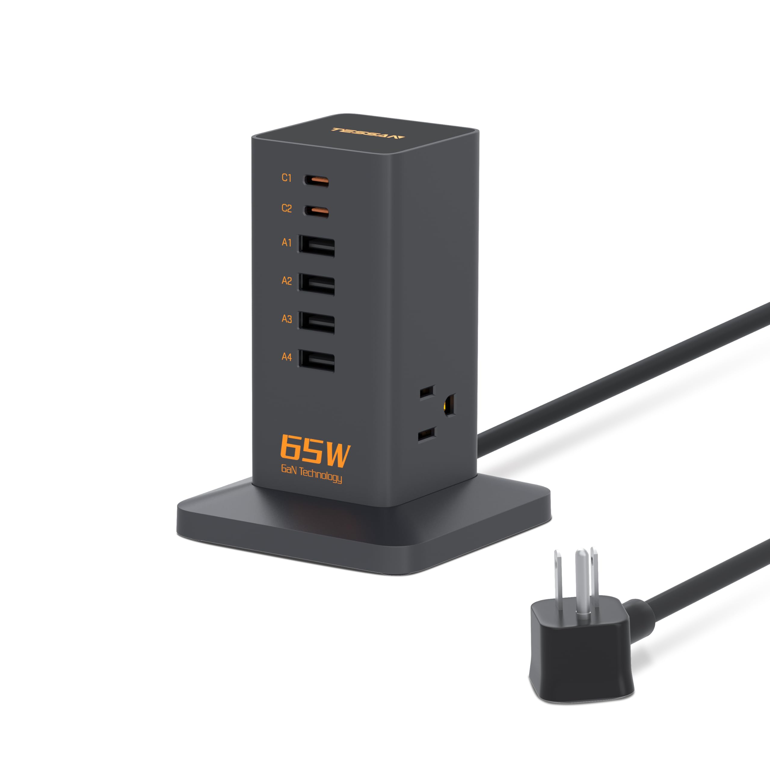 Computer Charger Tower Charging Station, TESSAN 65W Max GaN USB C Charger Block, 6-Ports and 3 ...