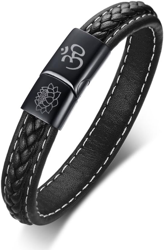 VNOX Buddhism Jewelry Lotus Flower Om Tri-Color Braided Leather Magnetic Clasp Wristband Bracelet,8.3"