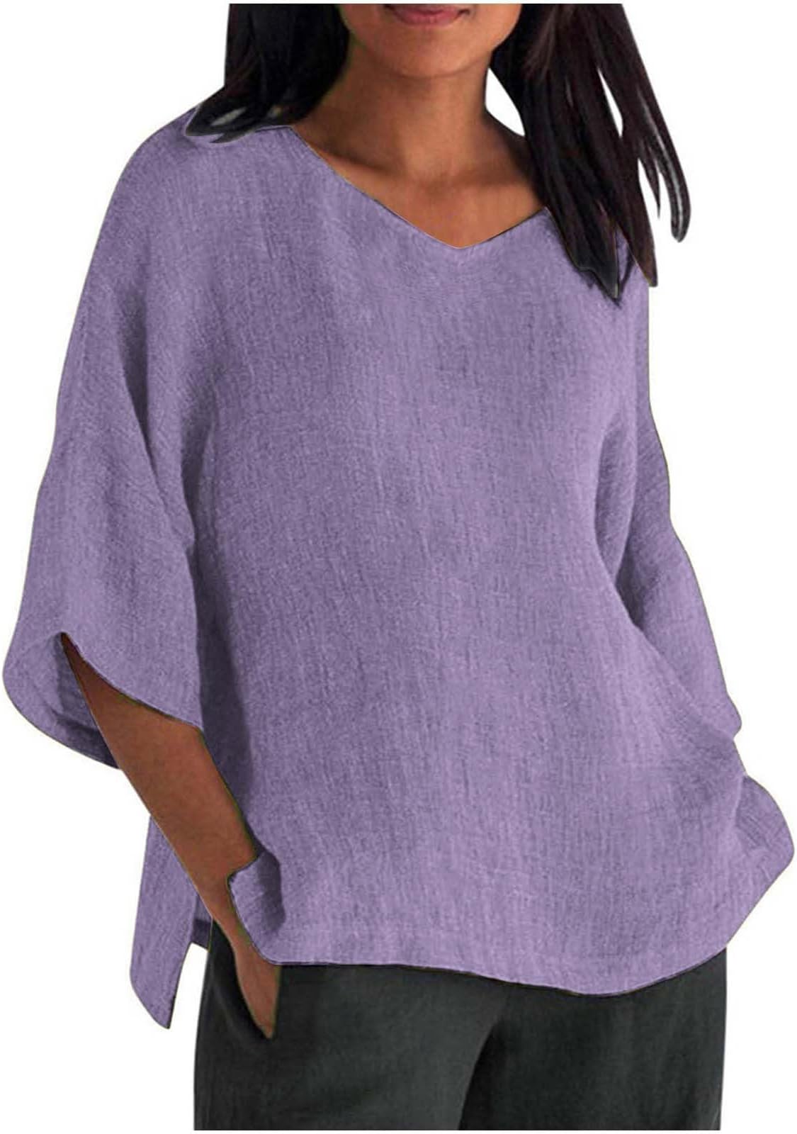 Linen Shirts for Women 2025 Summer Basic Solid Color 3/4 Sleeve Tunic Tops Casual Round Neck Pullover Blouse Tshirts