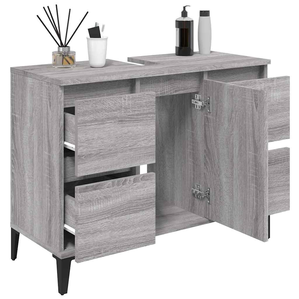 Mobile sottolavabo grigio sonoma, 80 x 33 x 60 cm, con 4 cassetti, anta e piedini in metallo, per mobili da bagno, mobiletto da bagno, mensola e spazio per riporre oggetti
