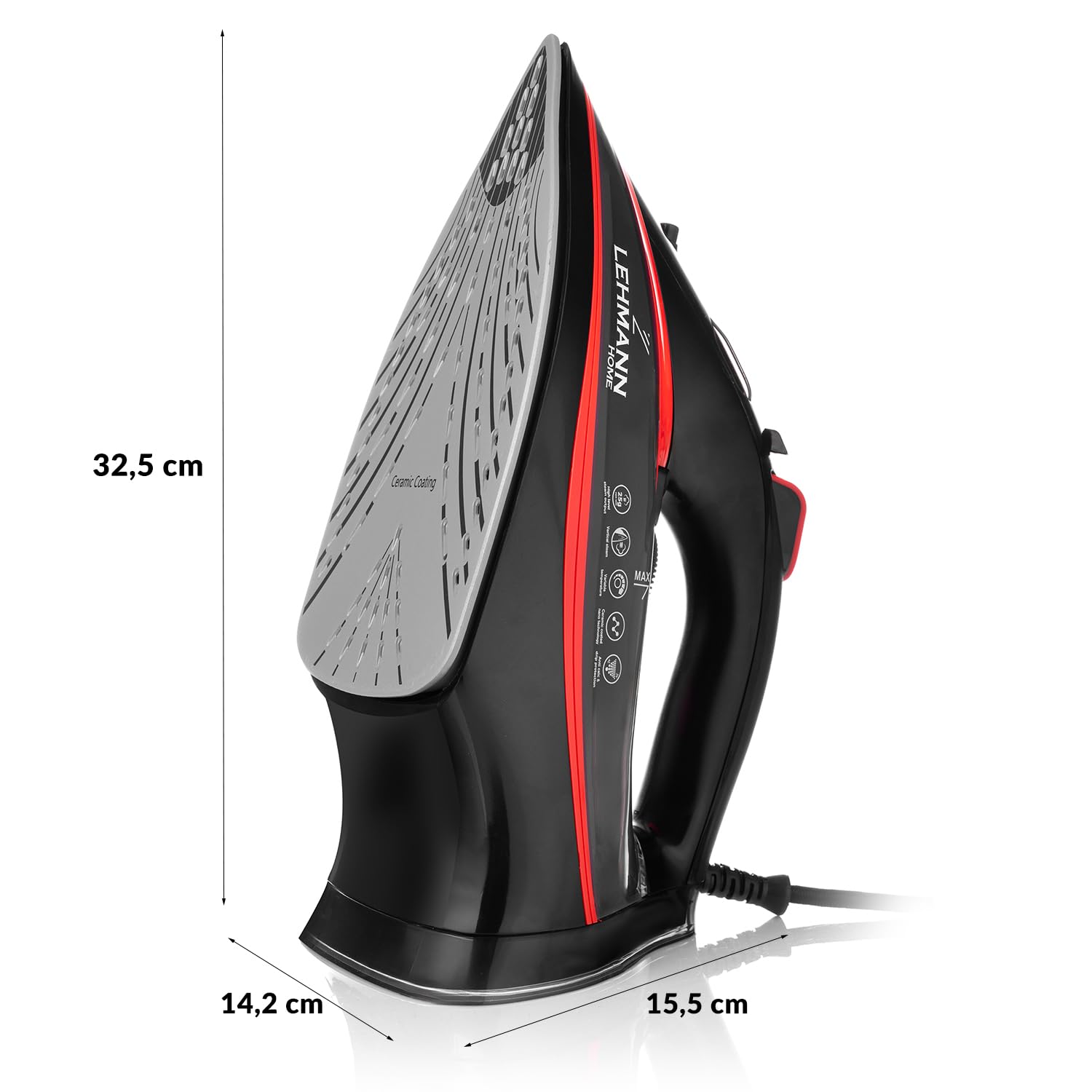 Żelazko parowe, ceramiczna, 3000 W Lehmann, funkcja Calc-Clean, 9 w 1, wysoka wydajność pary, niewielka waga, uderzenia pary, ceramiczne podeszwy do prasowania, samoczyszczenie i rozpylacz
