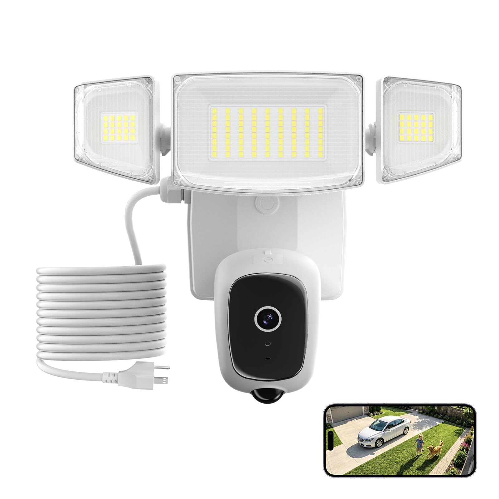 iMaihom 2K Floodlight Camera with Plug-in Power Cable, 3000LM Security Outdoor Cam with Motion-Activated, Color Night Vision, 2-Way Audio, Siren, 24/7 Recording, IP65, 5G/2.4G WiFi, Works with Alexa White