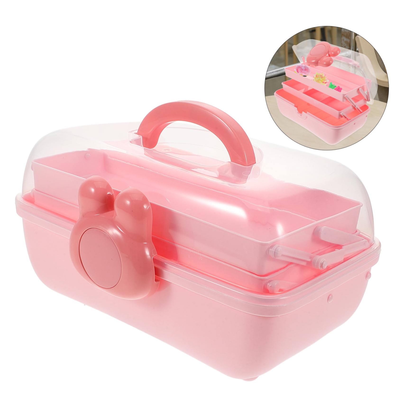 GLEAVI Haargummi Organizer für Mädchen Kunststoff Aufbewahrungsbox mit 3 Ebenen und Fächern Rosa Praktisch für Schreibtisch