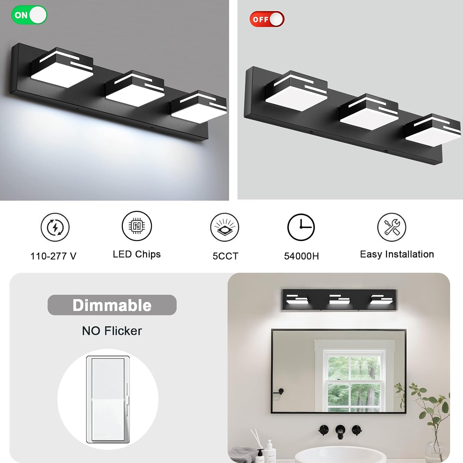 LED Modern Bathroom Vanity Light Fixtures 3-Light 5CCT Dimmable Matte Black Vanity Lights for Bathroom Lighting Fixtures Over Mirror, with 350° Rotatable Acrylic Heads, 22-inch - Image 4