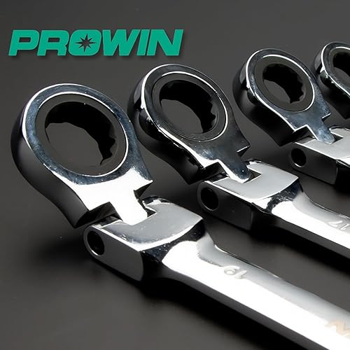 Miniatura 7 de Prowin Juego de llaves de trinquete de 7 piezas con llaves combinadas abiertas de cabeza flexible - Construcción de acero al cromo vanadio, portátil