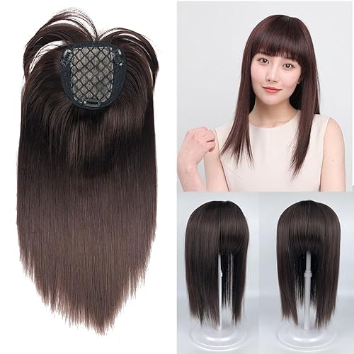 Miniatura 6 de Base de seda sintética de 16 pulgadas con flequillo limpio de 3.9 x 3.9 in, parte media, parte superior, postizo recto con clip, tupé (marrón oscuro)