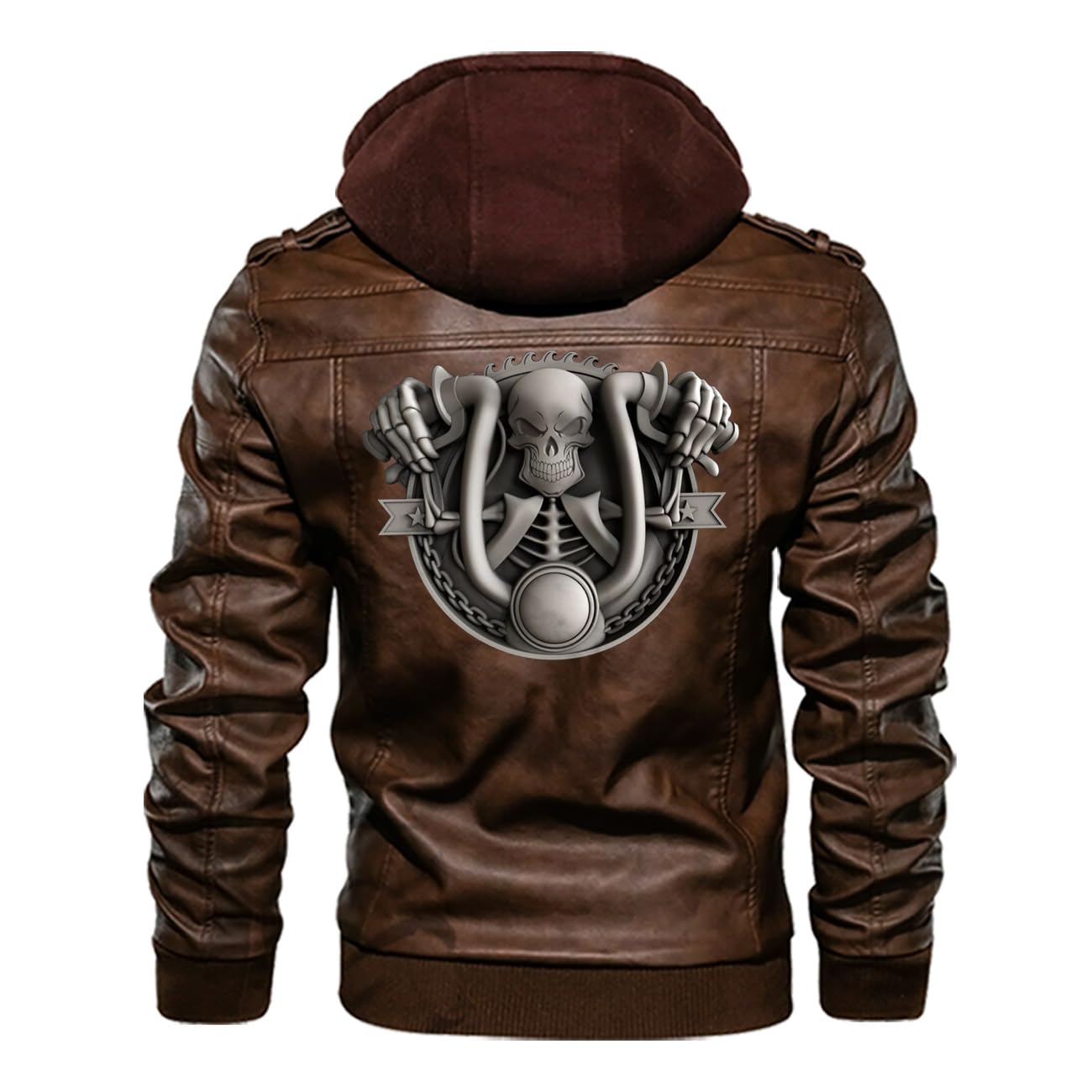 orealexpress Funny Biker Skull Motorcycle, Custom Name Motorcycle Jacket, Personalized Mens PU Leather Coat Custom Motorcycle Jacket Removable Hood Brown