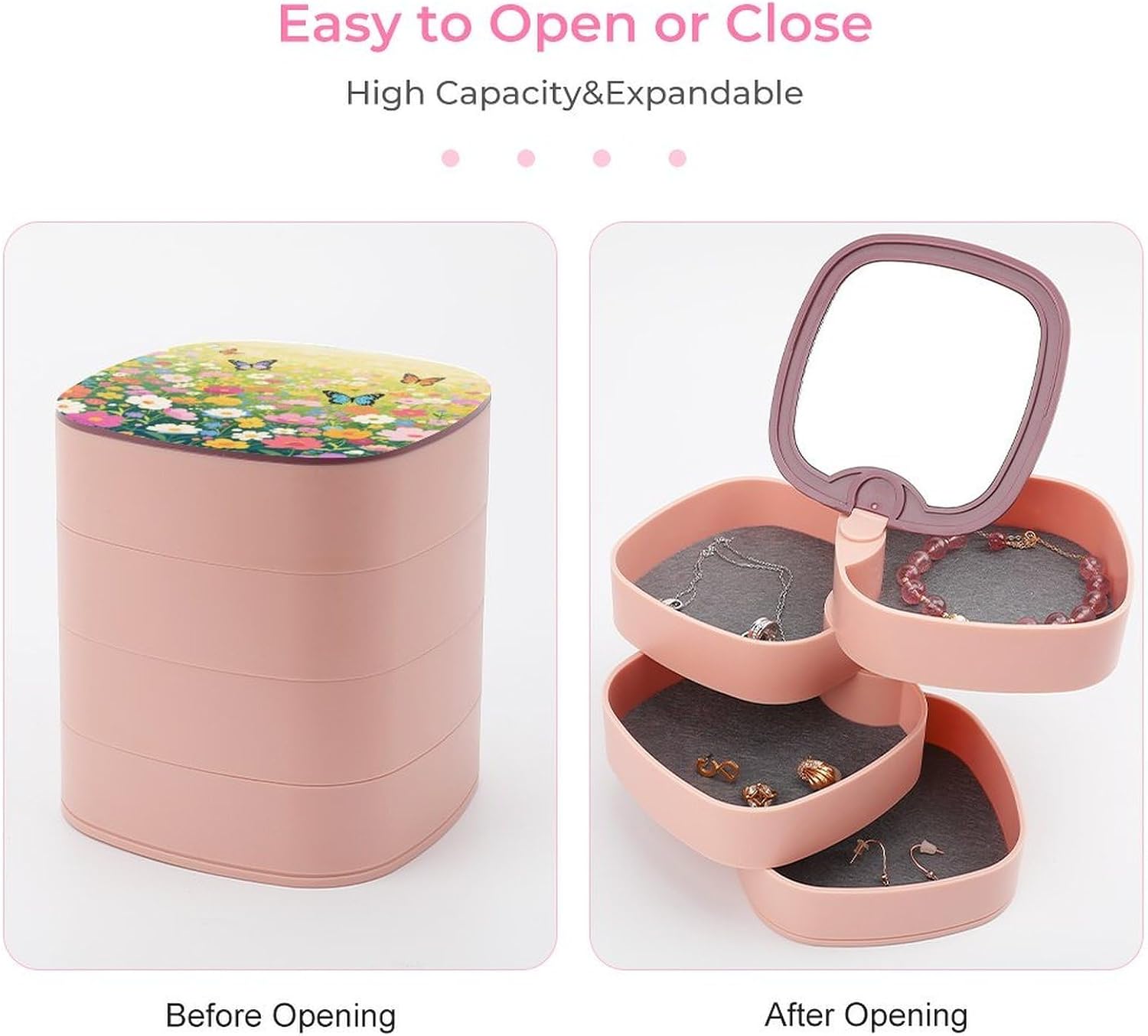 Colorful Flower Sea World Jewelry Box Travel 4-Layer 360° Rotating Jewelry Tray Case Large Capacity Jewelrys Organizer with Mirror Small Jewelry Storage Case for Idea Gift image 3
