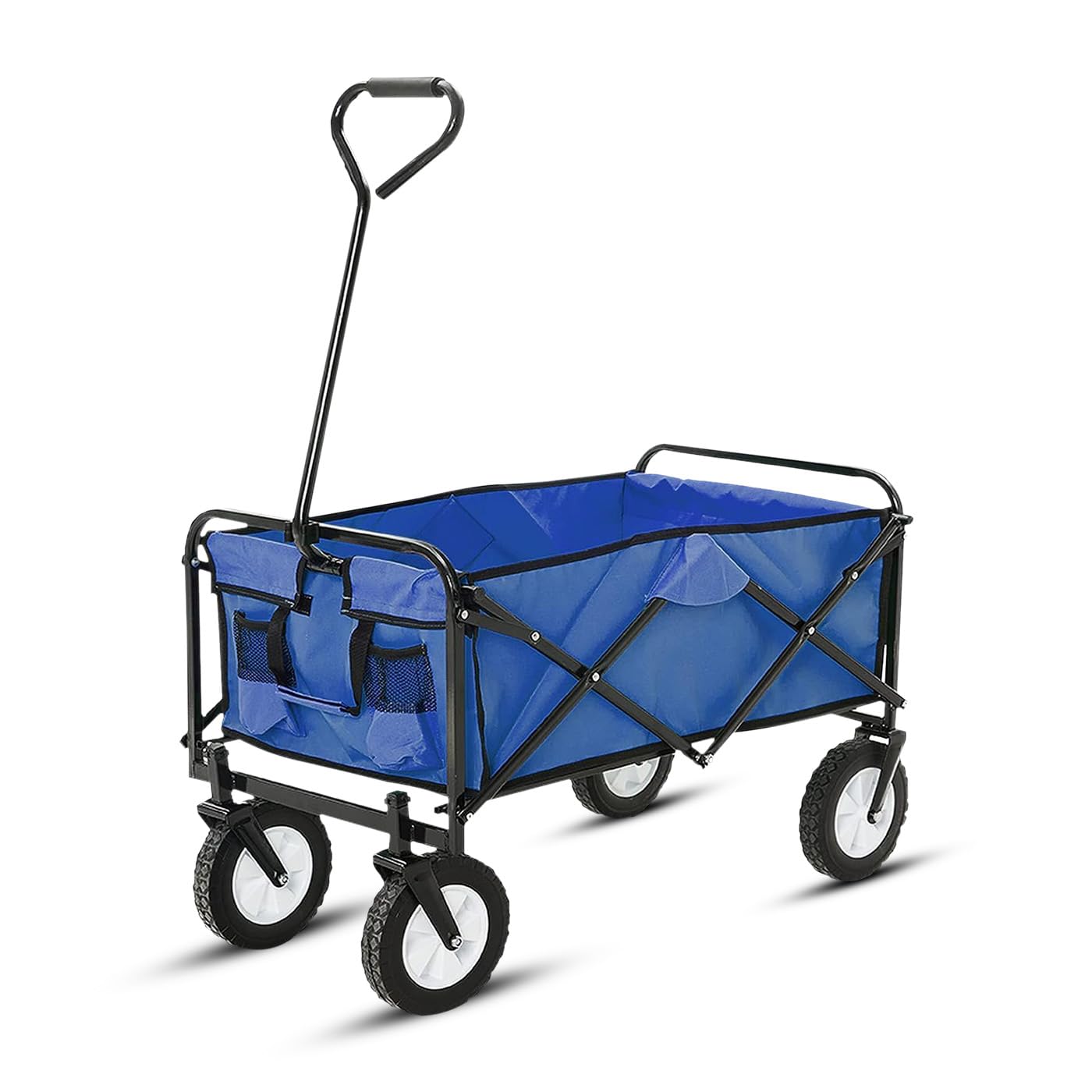 KKTECH Folding Festival Trolley Cart – Folding Wagon with All‑Terrain Wheels, Adjustable Handle Trolley | Collapsible Utility Cart, Large Capacity Wagon + Heavy‑Duty (Black) (Blue)