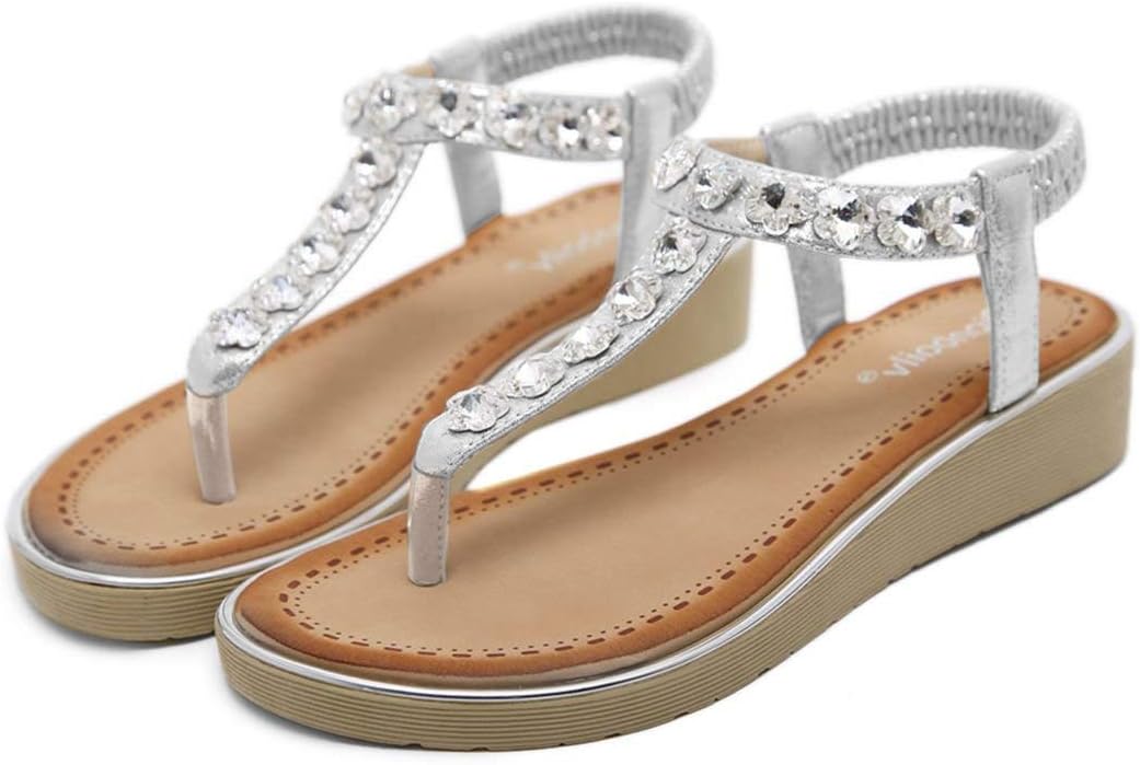 Popular Women Wedge Sandals Sexy Cutout Flower Heels Open Toe Platform Rhinestone Summer Shoes Big size (40 M EU / 9 B(M) US, Sliver)
