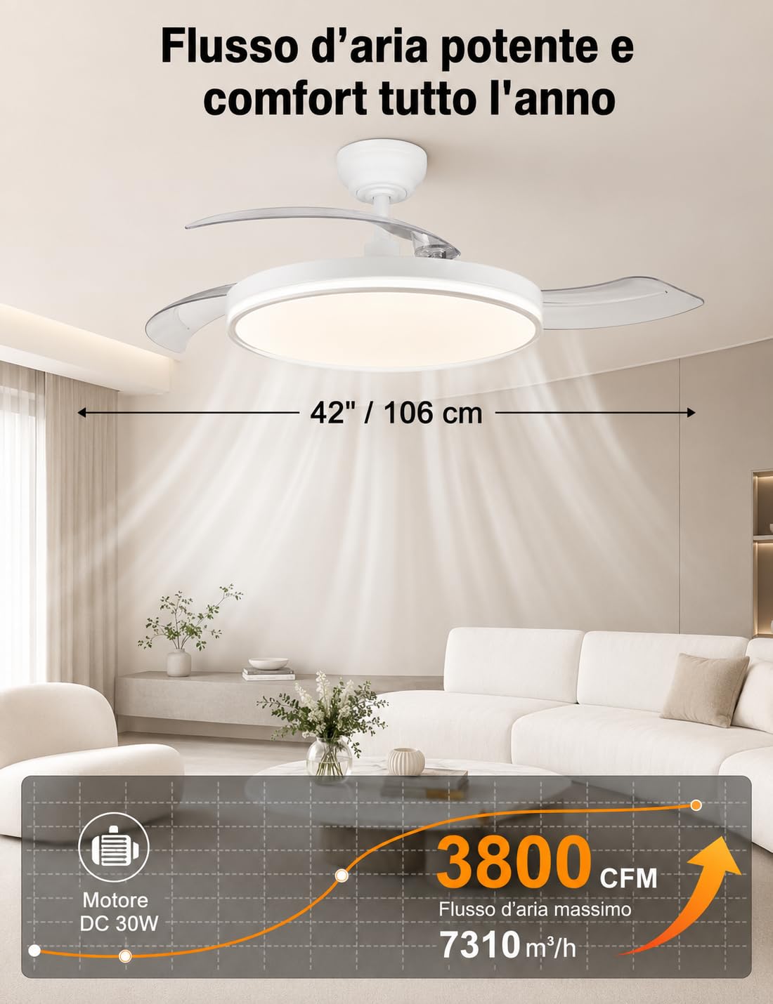 MARSI Ventilatore da Soffitto con Luce 106 cm e Pale Retrattili | Dimmerabile Lampada Ventilatore da Soffitto con Telecomando per Camera da Letto, Soggiorno e Cucina 6 Velocità