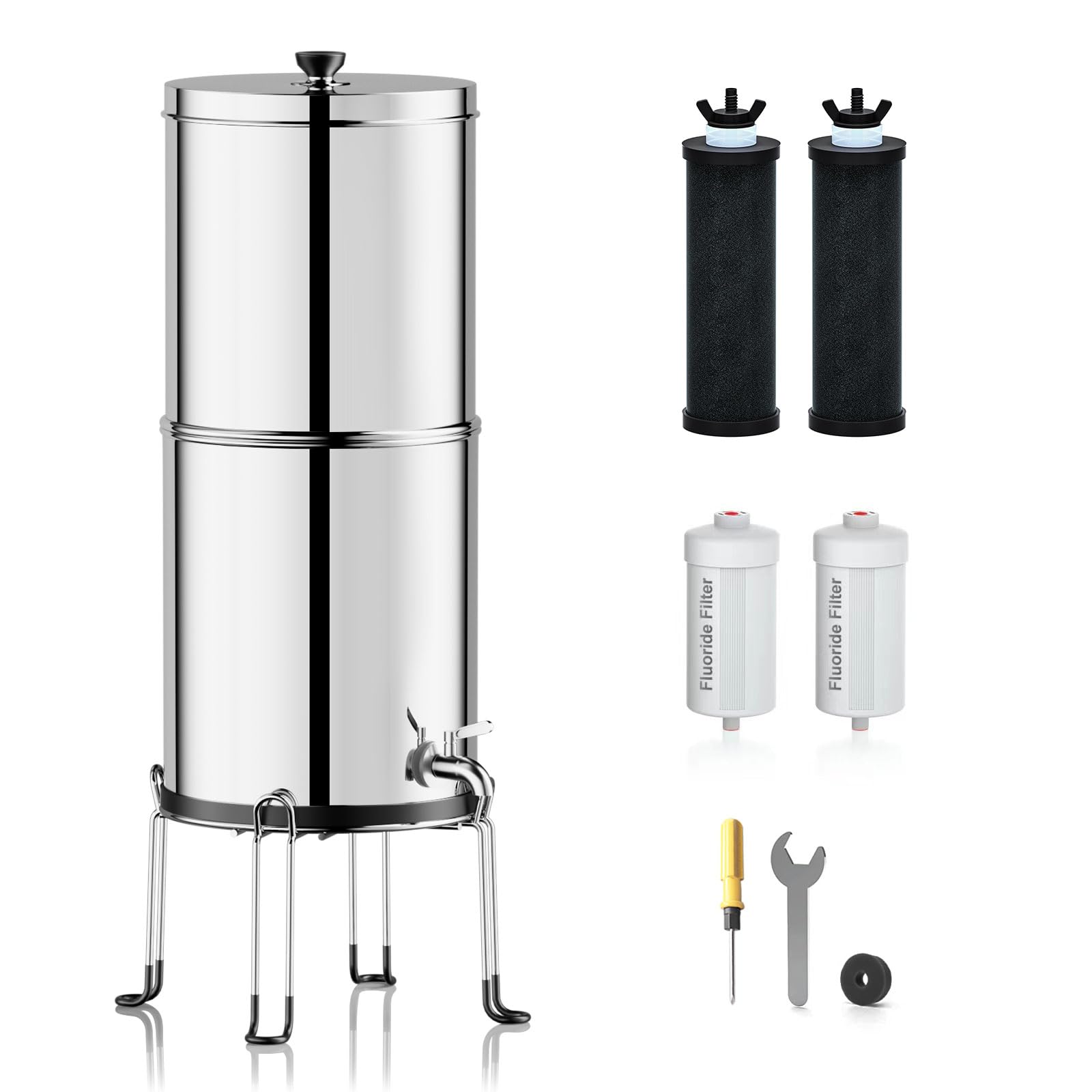 Purewell 8-Stage 0.01?m Ultra-Filtration Water Filter System, 304 Stainless Steel Countertop System with 4 Filters and Stand, Reduce Fluoride and Chlorine, 2.25G