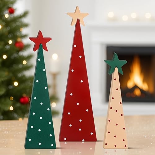 Decoraciones de mesa de Navidad, 3 mini centros de mesa de árbol de Navidad con estrellas desmontables, decoraciones de Navidad de madera para