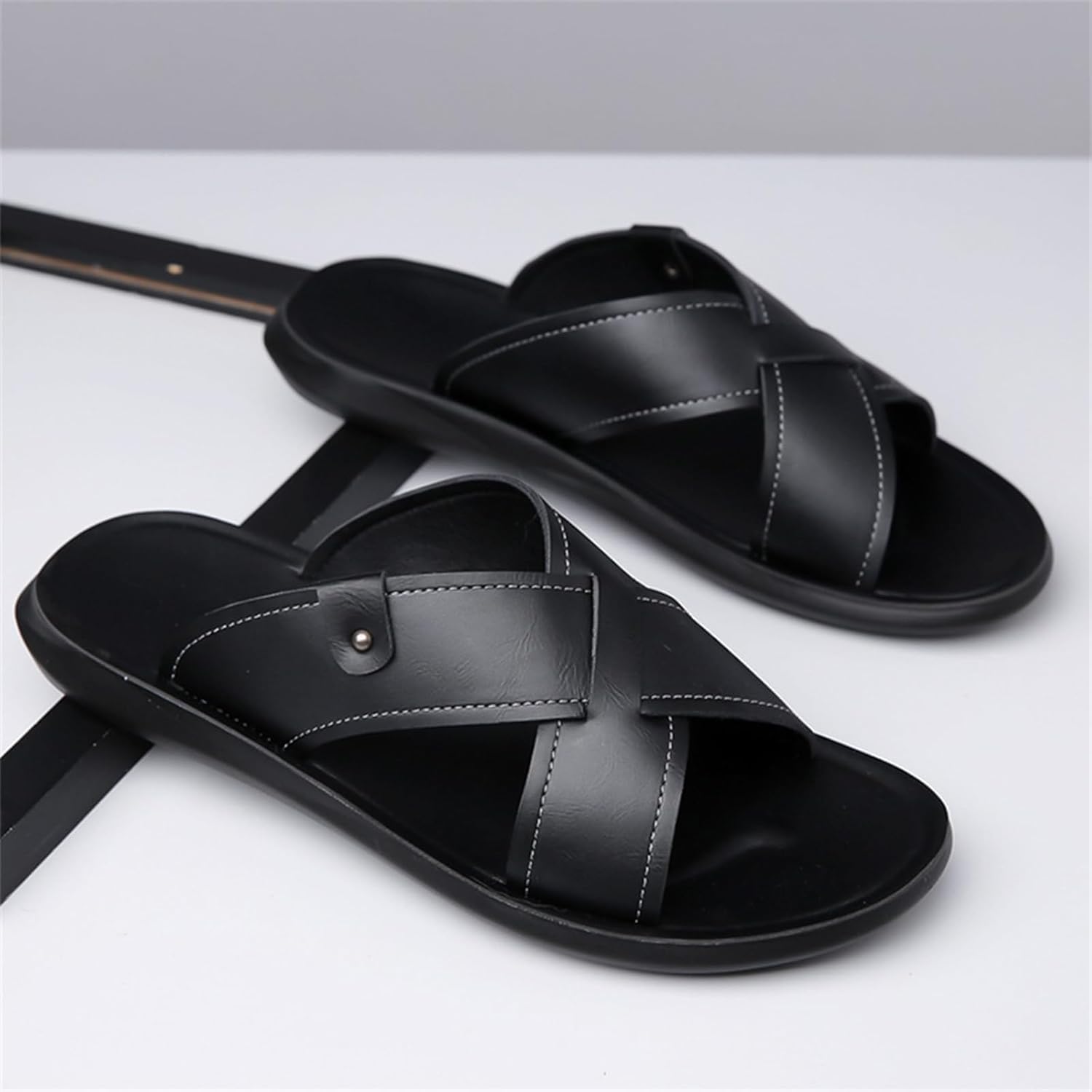 Mens Leather Flat Beach Sandals Comfort Arch Support Anti Slip Flip Flop Sandals For Vacation Beach Indoor & Outdoor Daily - Image 5