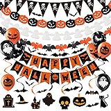 Pmueuff Halloween Deko Innen Set, Halloween Party Dekoration, mit Girlande, Banner, Luftballons, Fledermaus, Geist, Kürbis, für Zuhause, Büro, Schule, Geschäft, Party, Halloweens Partys Deko