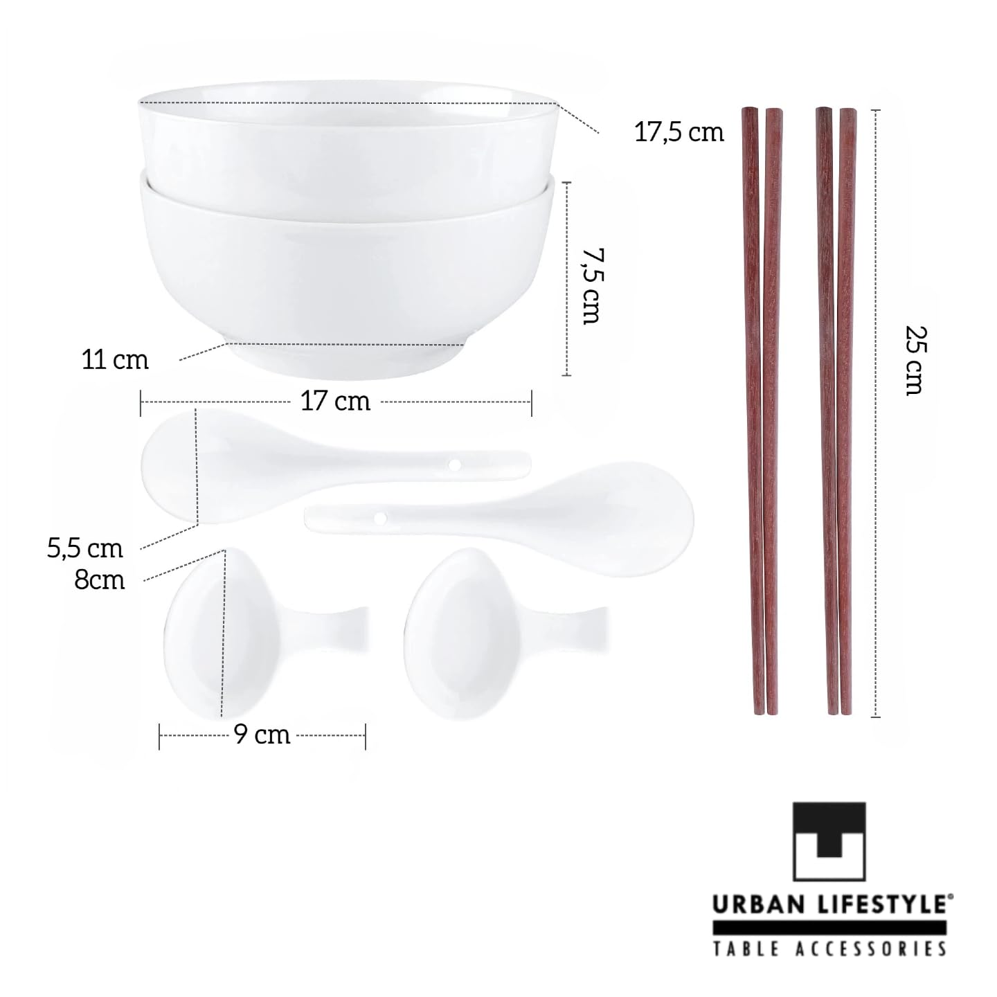 Urban Lifestyle Set Cuencos Ramen para 2 Personas Ø 17,5 cm 1200 ml, New Bone China Blanca, Cuencos para Ramen con Cucharas, Palillos Japoneses y Cuencos Pequeños, Cuencos Sopa