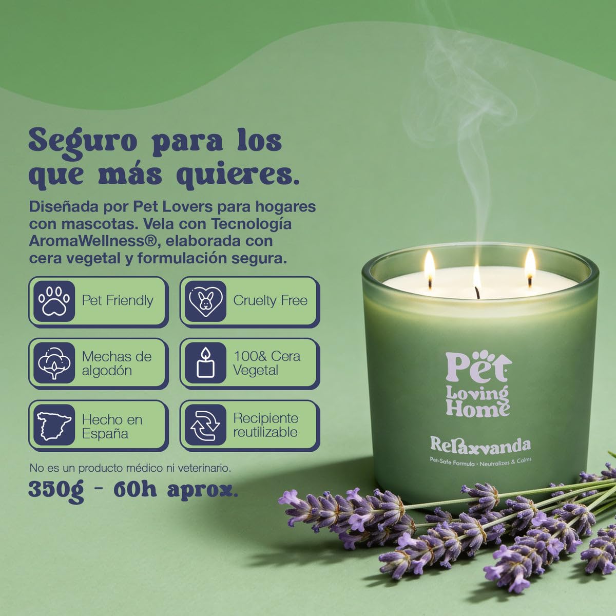 Vela Aromática Relaxvanda 350 g - Aroma Lavanda - Neutraliza Olores - Cera Vegetal Soja y Coco - 3 Mechas - 60h Duración - Diseñada para Hogares con Mascotas