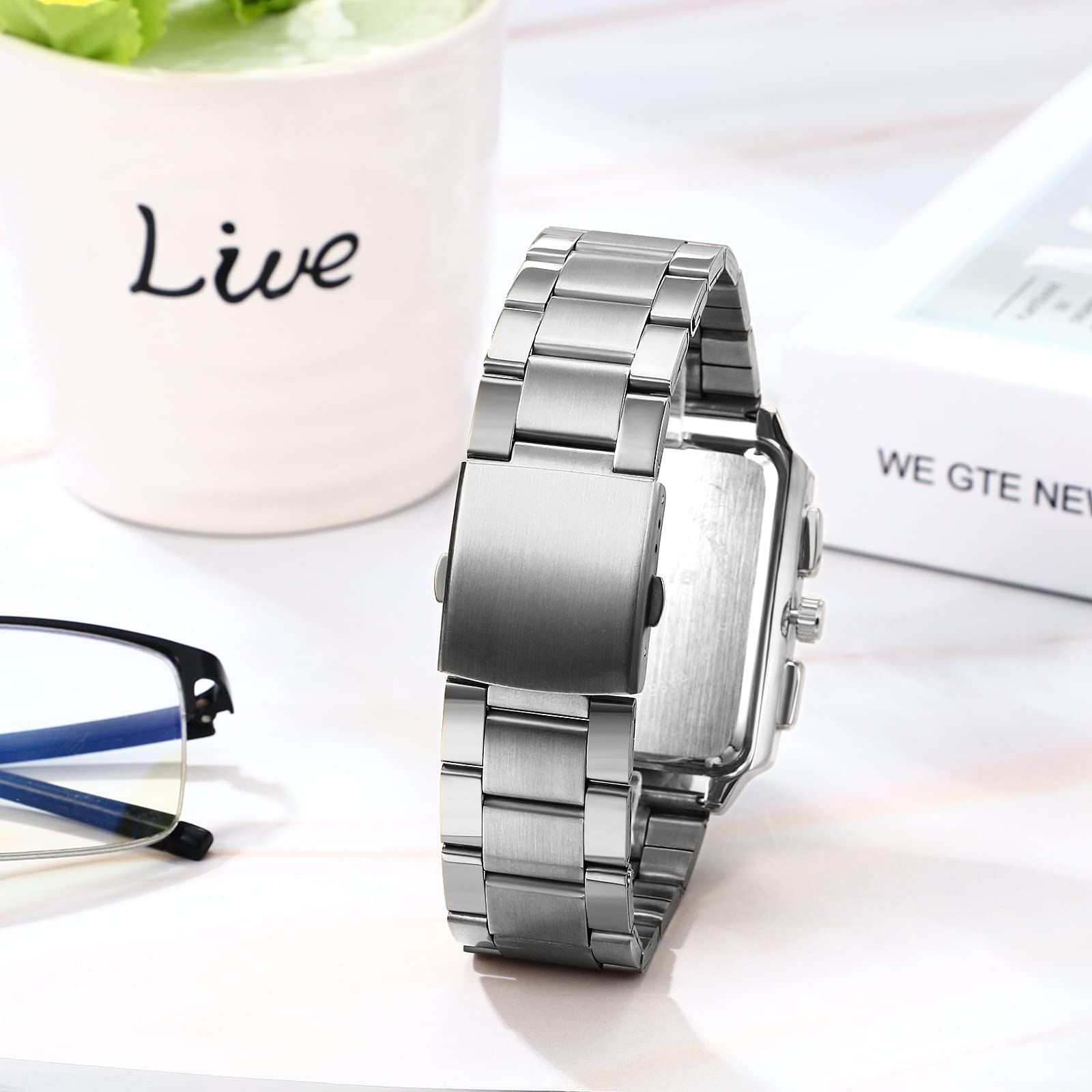 JewelryWe Zegarki dla mężczyzn kwadratowe analogowe szkielet lumous kwarcowy kalendarz zegarek polerowana stal nierdzewna biznesowe codzienne zegarki na rękę, 3 szt.