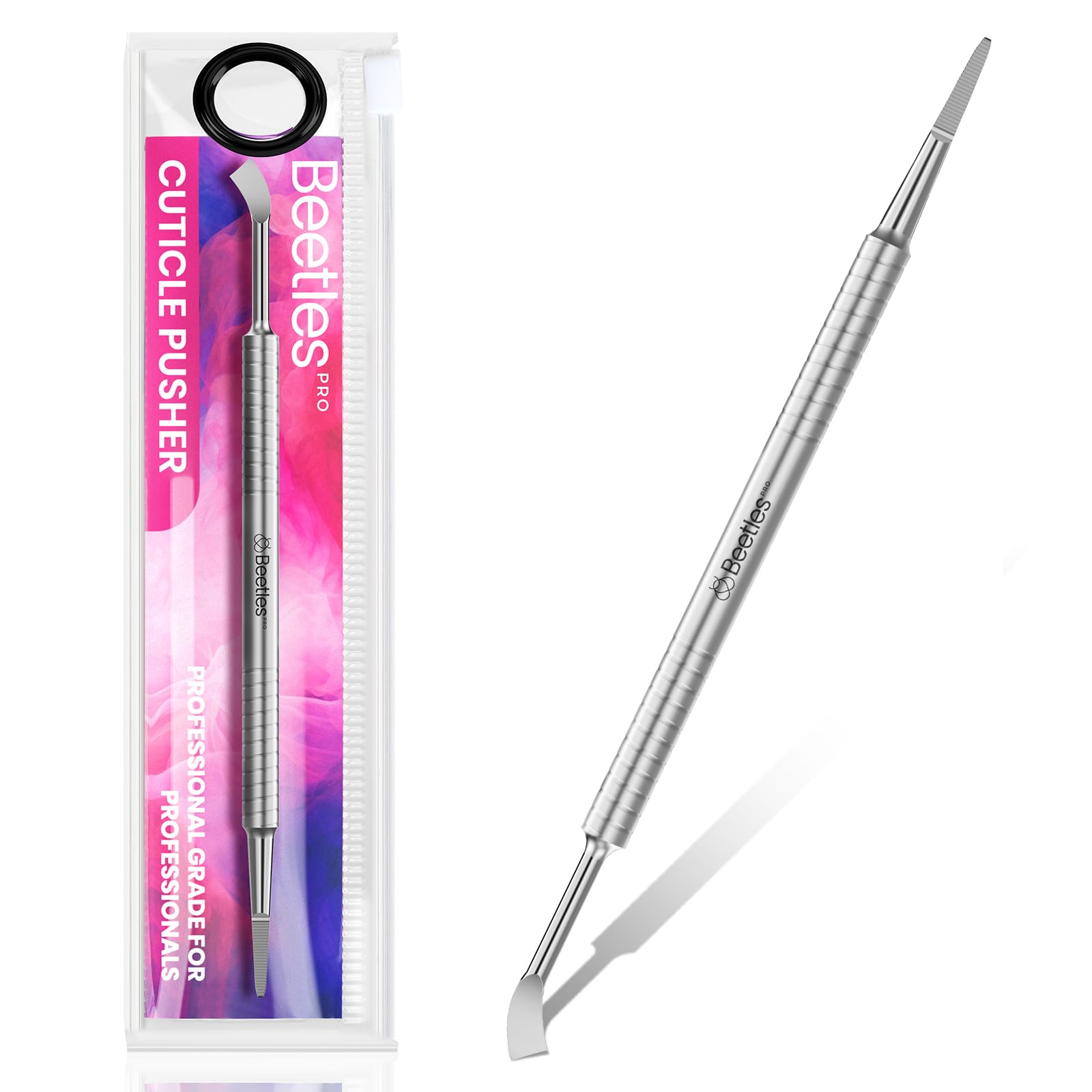 Beetles Pro 1-Pcs Dual-End Nail Pusher Cuticle Cleaner - 14mm Serrated Edge 5mm Curved Blade Ergonomic Anti-Slip Handle