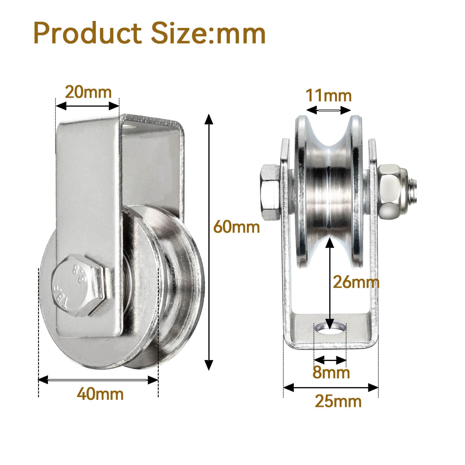 Lot de 2 poulies de 40 mm avec 2 roulements à billes - En acier inoxydable - Pour cordes de 8 mm - Charge maximale : 200 kg