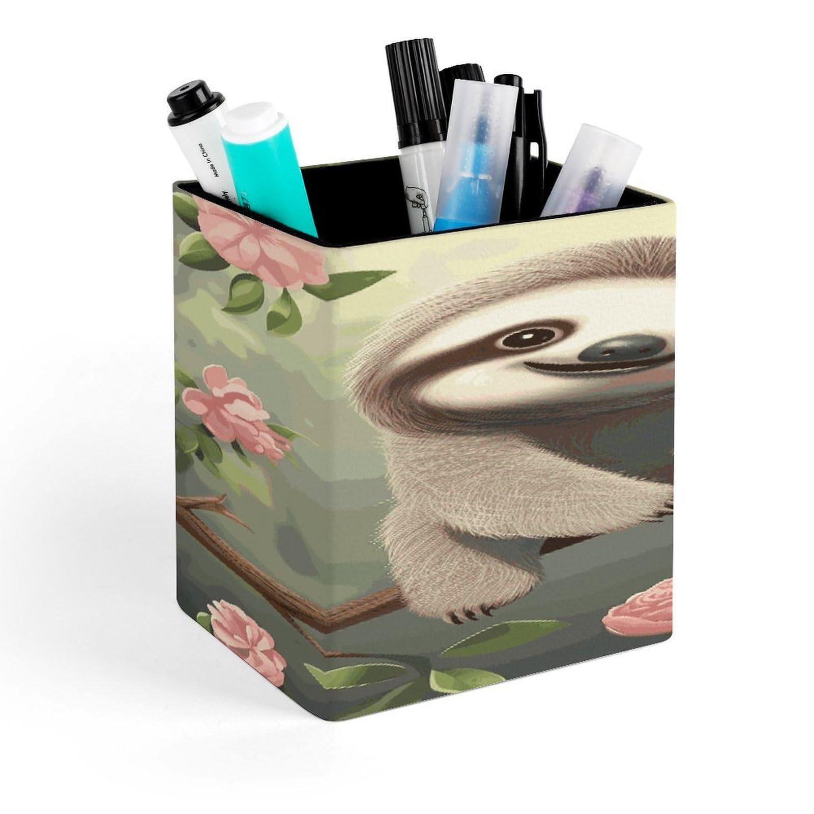 JTREHY Cute Baby Sloth Pen Holder Square Pen Pencil Holder Makeup Brush Holders Cup PU Leather Pencil Cups Desktop Caddy Stationery Organizer Case Office Accessories Container Box