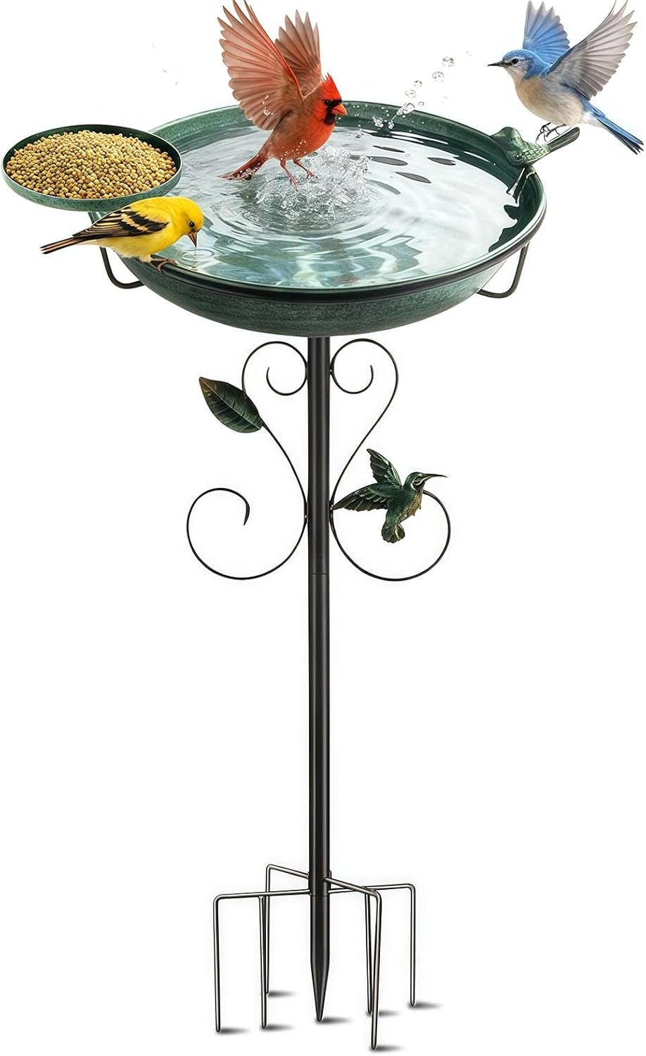 35" Tall Metal Bird Bath for Outdoors with Small Bird Feeder Bowl, 2" Deep 12" Dia Removable Bird Baths for Easy to Clean and Refill, Upgraded 7-Prong Base for Garden, Yard & Lawn (Green)
