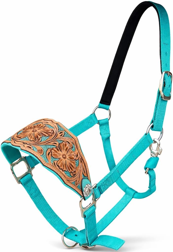 Majestic Ally Western Horse Bronc Halter, Turquoise Padded Leather Noseband, Antique Finish, Tooled Floral Design, Adjustable Nylon