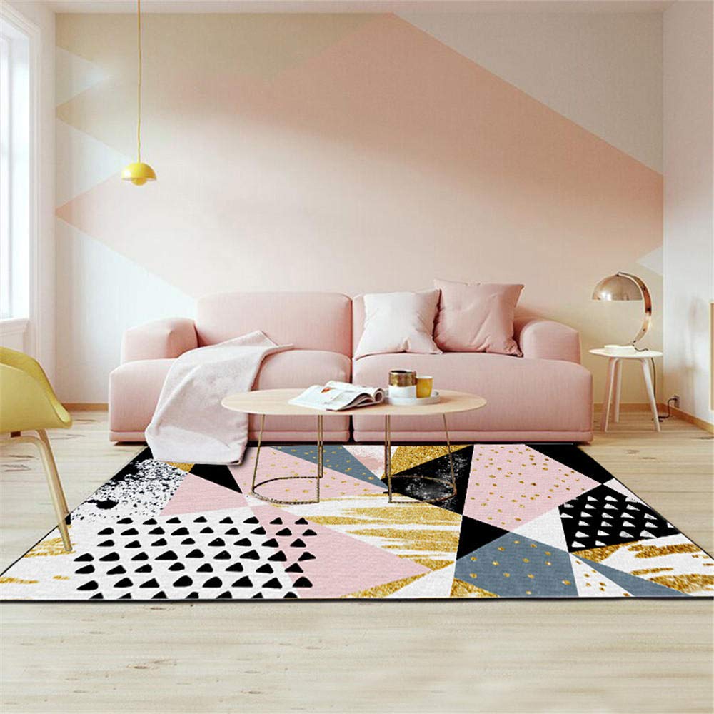Tapis de sol facile à nettoyer velours cristal noir motif triangle rose