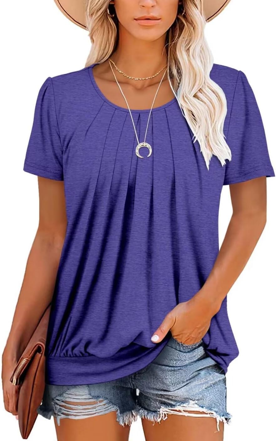 ZOLUCKY Womens Casual Short Sleeve Tunic Tops Scoop Neck T Shirts Summer Loose Fit Tunics - Image 3