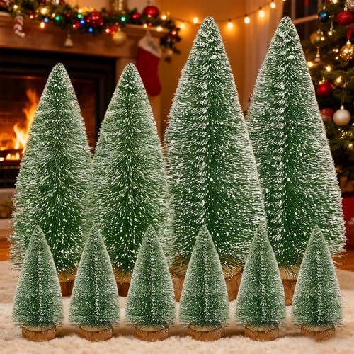 10 Stück Mini-Weihnachtsbäume mit Schnee-Effekt & Holzständer, 10-20 cm...