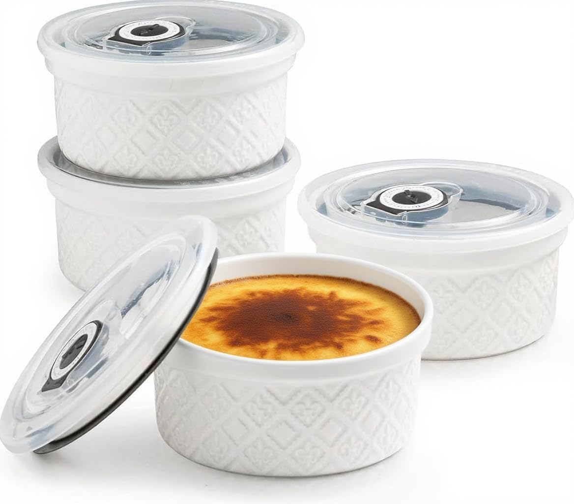 (only 3 pcs) 12 oz Ramekin Oven Safe, Creme Brulee Ramekins with Lids, Small White Ceramic Ramekin, Mini Baking Bowls with Cover Set of 4, Ramekins Assorted Sizes White (with Lid) 12 oz