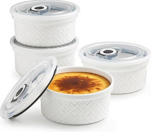 Miniatura 14 de Ramequines de 177 ml con tapas aptos para horno, pequeños ramequines de crema catalana con cubiertas, juego de 4 ramequines de cerámica, tazones de
