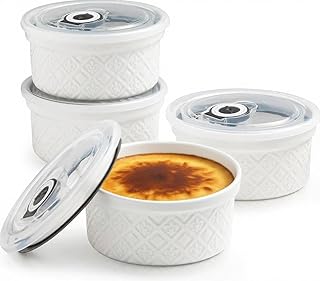 12 oz Ramekin Oven Safe, Creme Brulee Ramekins with Lids, Small White Ce...