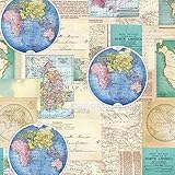 Vintage Map Collage Cotton Fabric by The Yard, 1 Yard Precuts