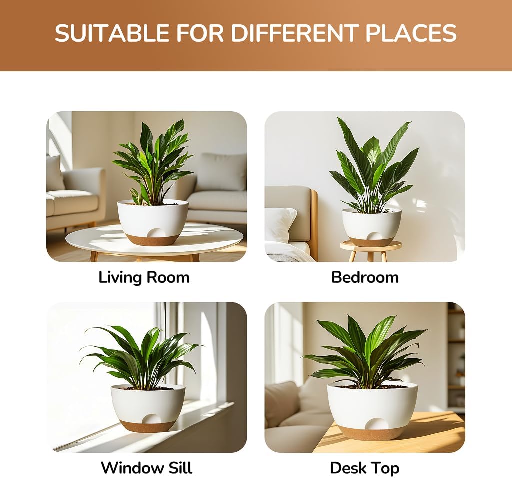 12 Inch Large Self Watering Pots, 2 Pack Plant Pots with Drainage Holes and Saucers, Self Watering Planter for Indoor Outdoor Garden Plants and Flowers (White)