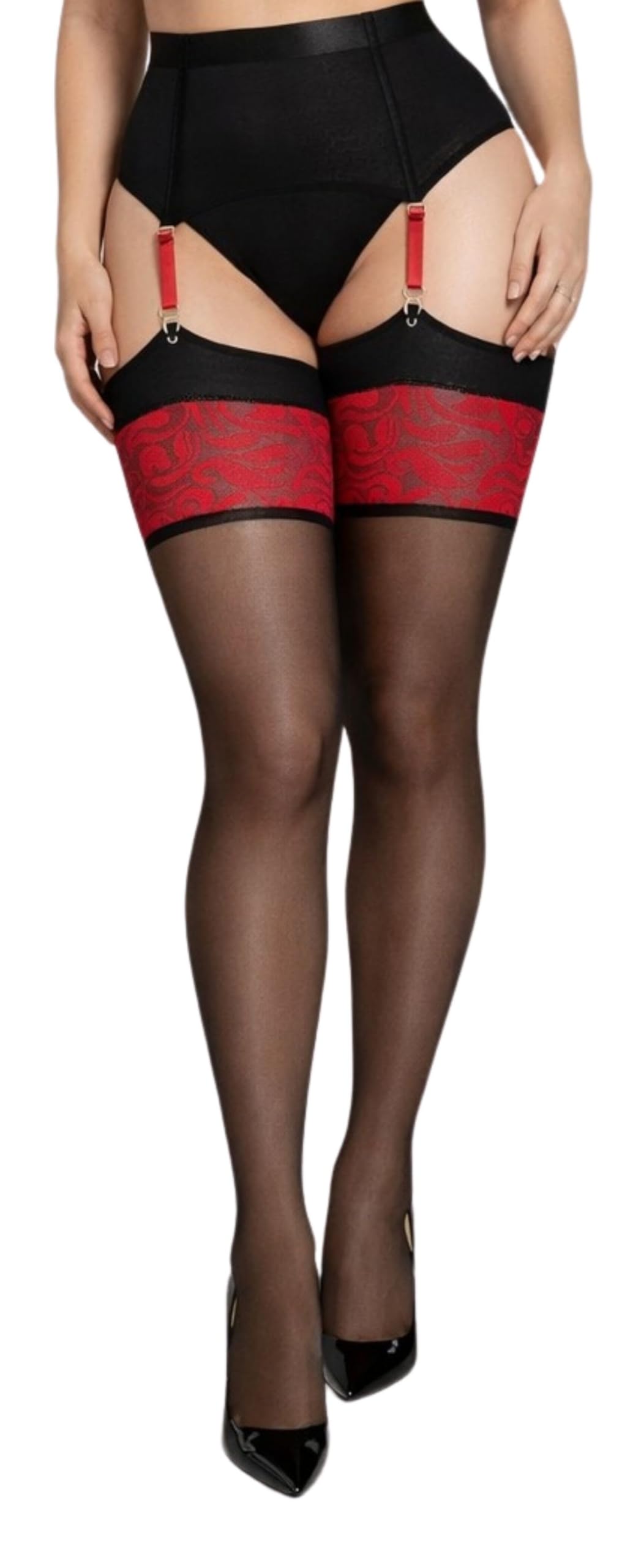 JUST BEAUTY TOUCH Sheer Black Stockings with Red Back Seam – Thigh Highs with Lace Top – Vintage Style Lycra Stockings for Garter Belts (S, Black(Red))