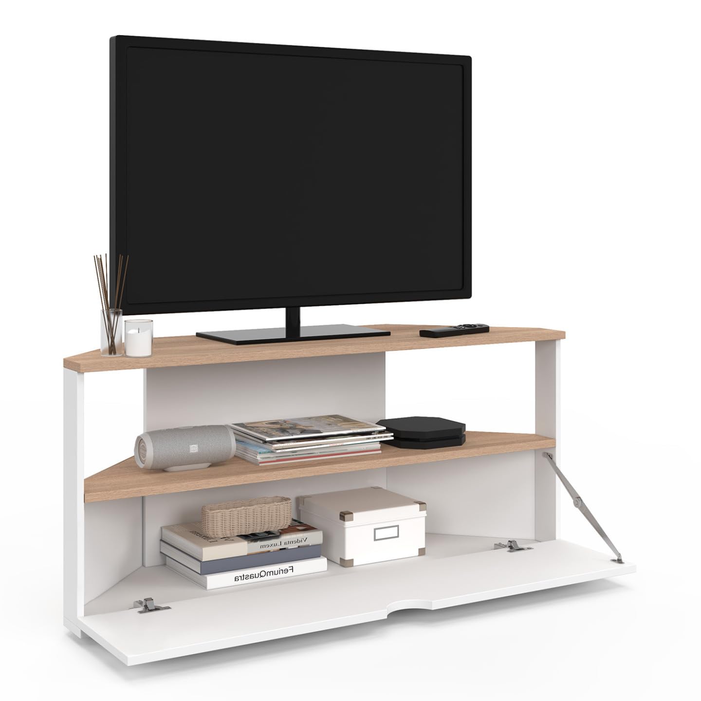 IDMarket - Mueble de TV esquinero ELI 100 cm en madera efecto haya y blanco