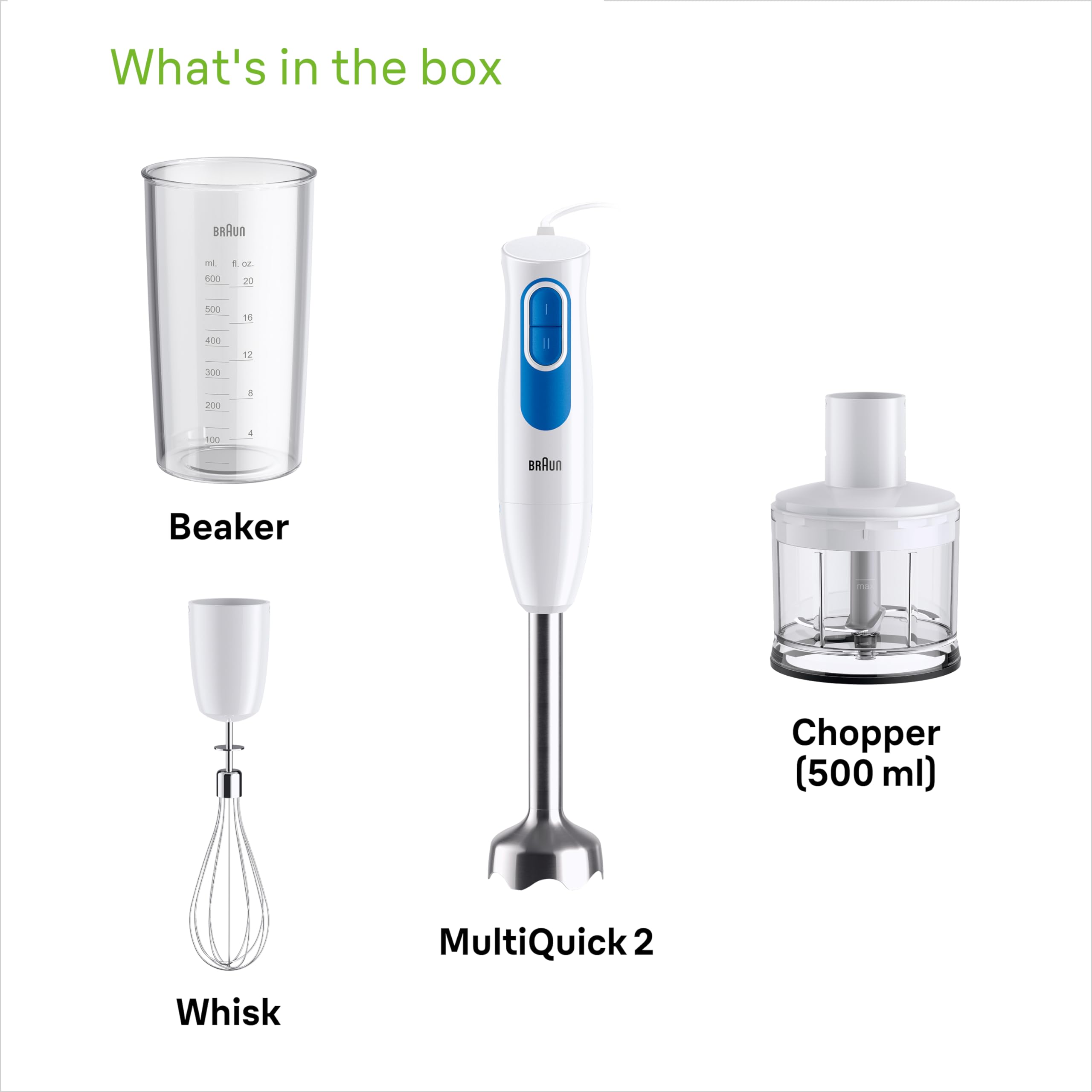 Braun MultiQuick 2 MQ20236MWH, Frullatore a Immersione con Sistema EasyTwist, Frullatore per Salse e Smoothie, 2 Velocità, 3 accessori Tritatutto da 500 ml e Frusta Inclusi, 600W, Bianco