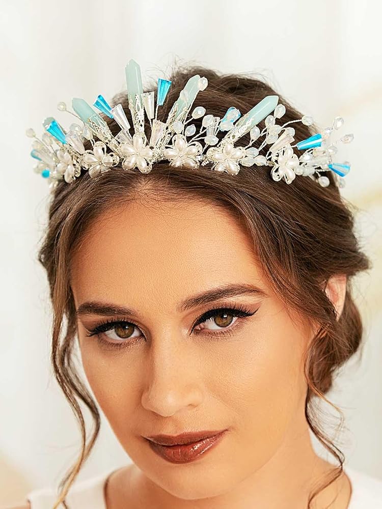 Couronne Diadème Mariage Reine IYOU - Quartz Cristal Argent, Accessoire Cheveux Mariée Avec Fleurs Et Strass