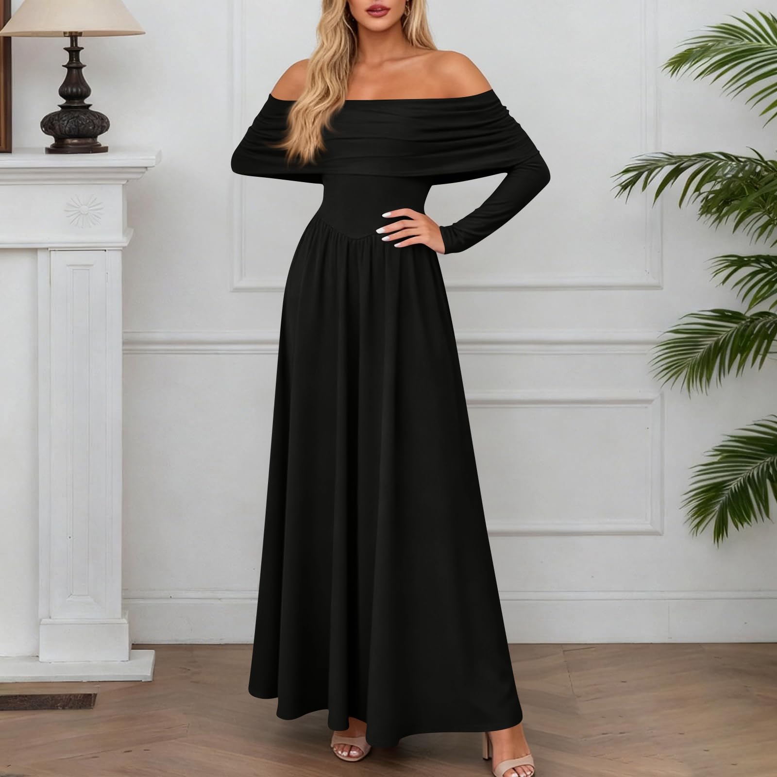 Kleid Damen Elegant Schulterfrei Langarm Festlich Abendkleid Damen Lang A Linie Hochzeit Frühlingskleid Maxi Kleider Hochzeitsgast Cocktailkleid Plissee Partykleid Tailliert Lange Ballkleider