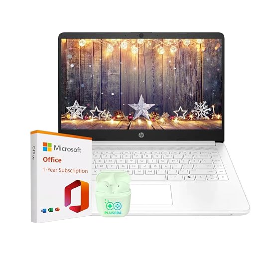 HP 14" Business Laptop with Microsoft Office 365 with Copliot AI & 1TB OneDrive, 32GB RAM 64GB SSD, Dual-Cores Intel Processor, Windows 11, PLUSERA Earphones, Snowflake White
