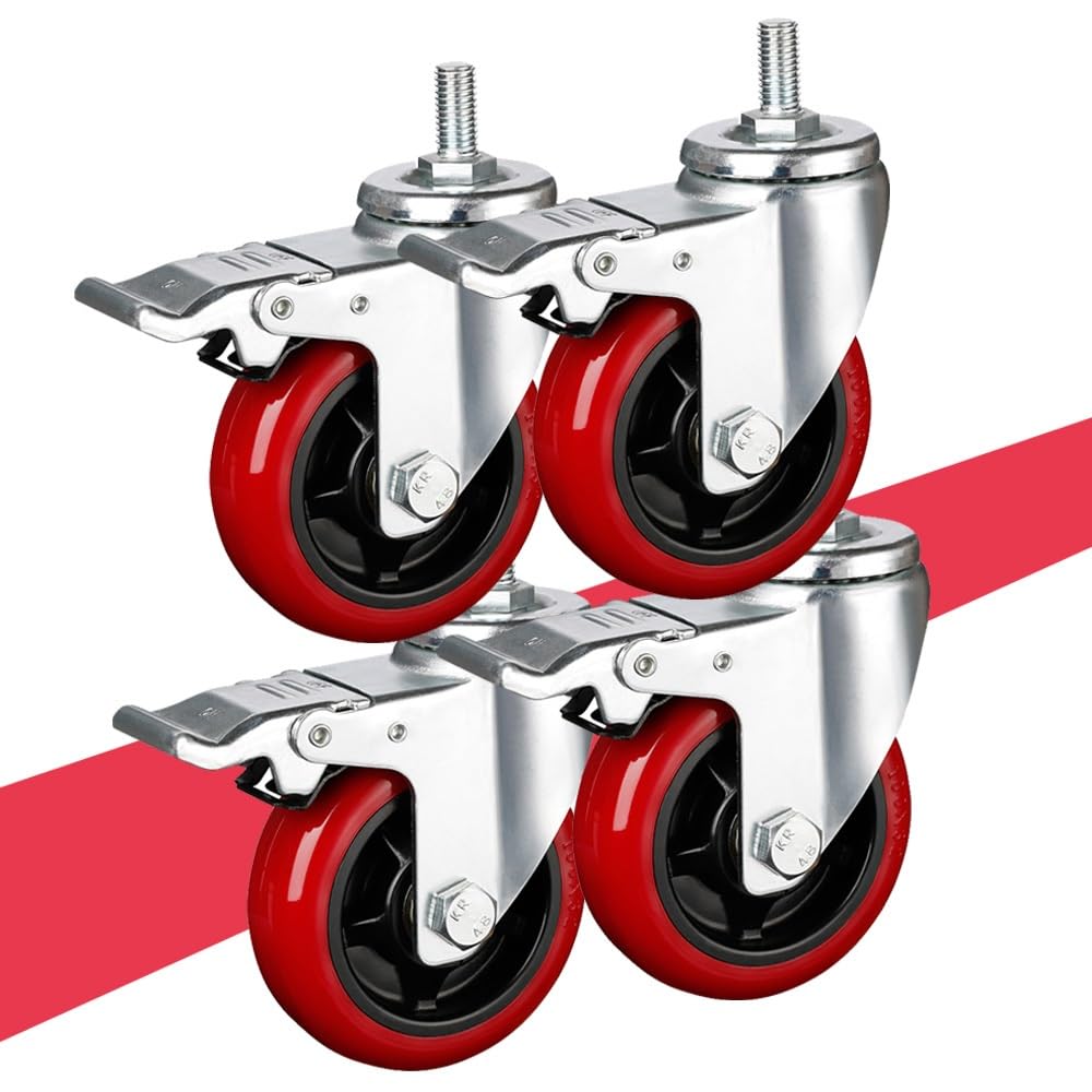 GYRAZXS Heavy Duty M16 Thread Industrial Casters 75mm Replacement Swivel Wheels for Trolleys Quiet Transport Castors with Brake 4 Pack Perfect for Furniture and Equipment