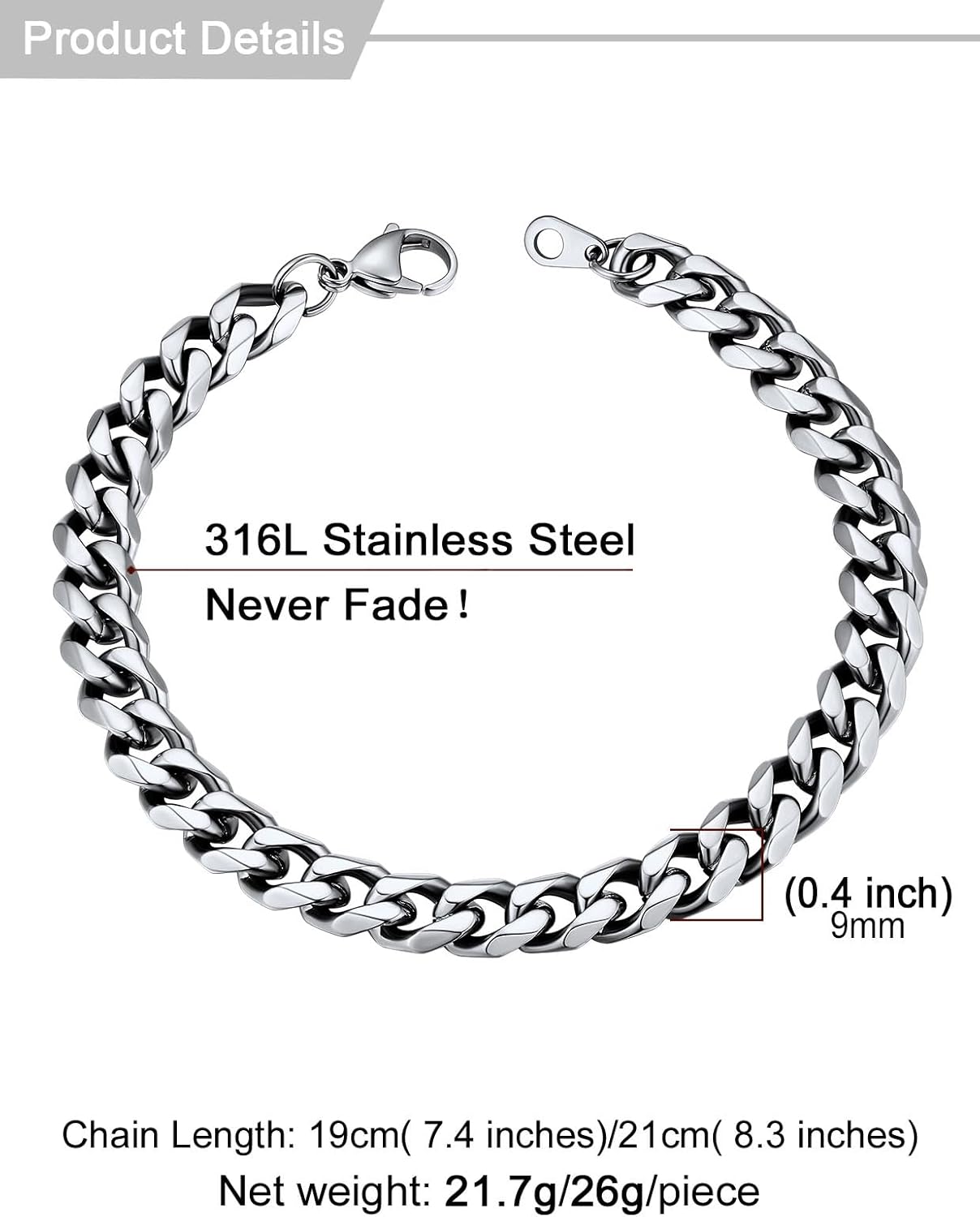 U7 Link Bracelets for Men, Cuban Link/Rope/Watch Band Solid Bracelet, Silver Black Gold Color Wrist Bracelet 3/6/9/12/15mm Width, 6.5/7.5/8.3 Inch Length, Hand Chain Jewelry for Mens Women - Image 4