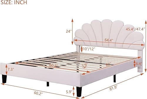 Miniatura 10 de Base de cama tapizada de tamaño matrimonial con cabecero, cama moderna de plataforma de terciopelo con patrón de flores, soporte de listones de