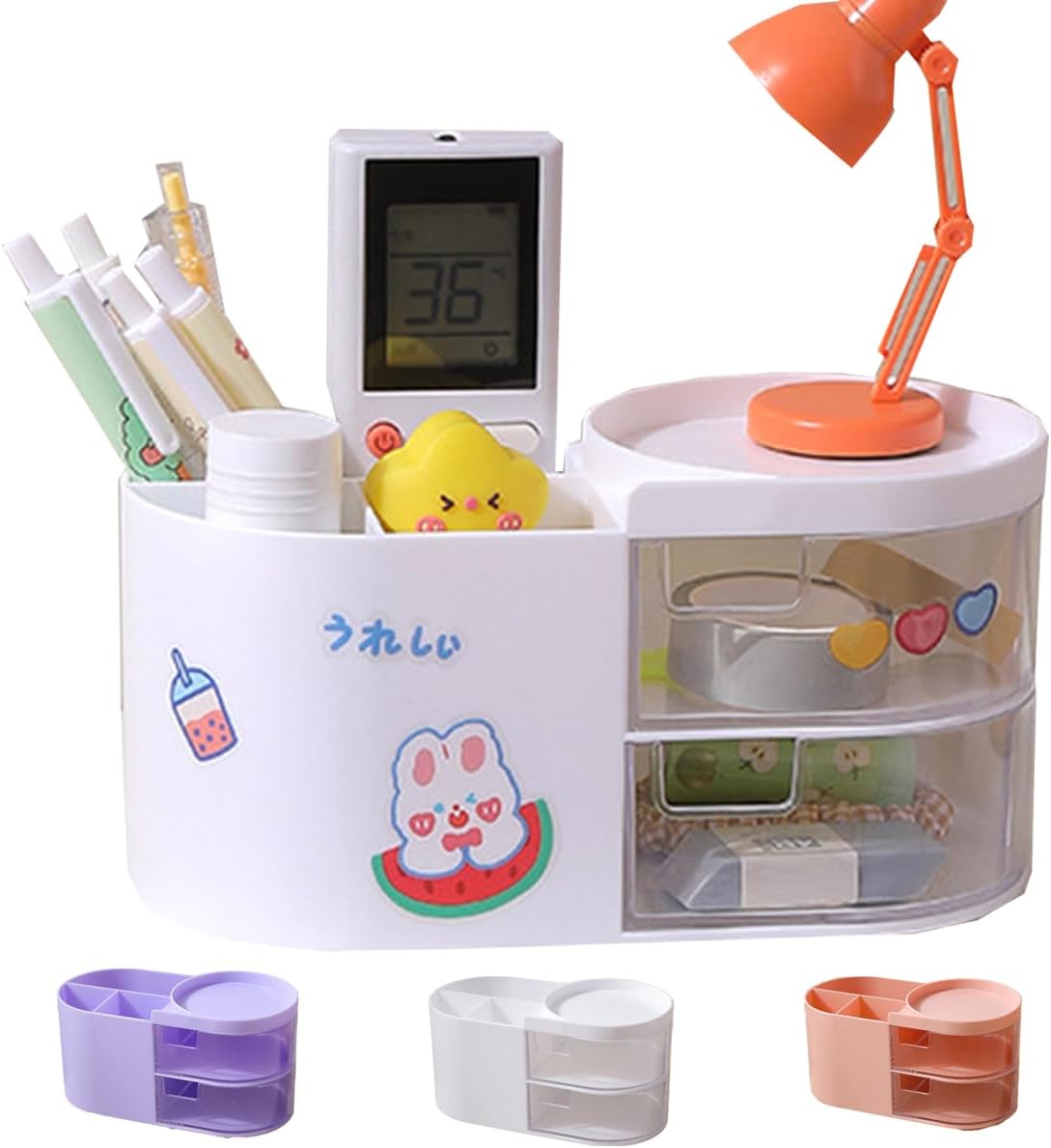 Hibucuo Kawaii Stationery Storage Box Makeup Organizer with 2 Drawers, Kawaii Pen Organizer with Stickers DIY Fun, Desk Organizers and Accessories with 5 Compartments for Teen Girls Office Art Supplie