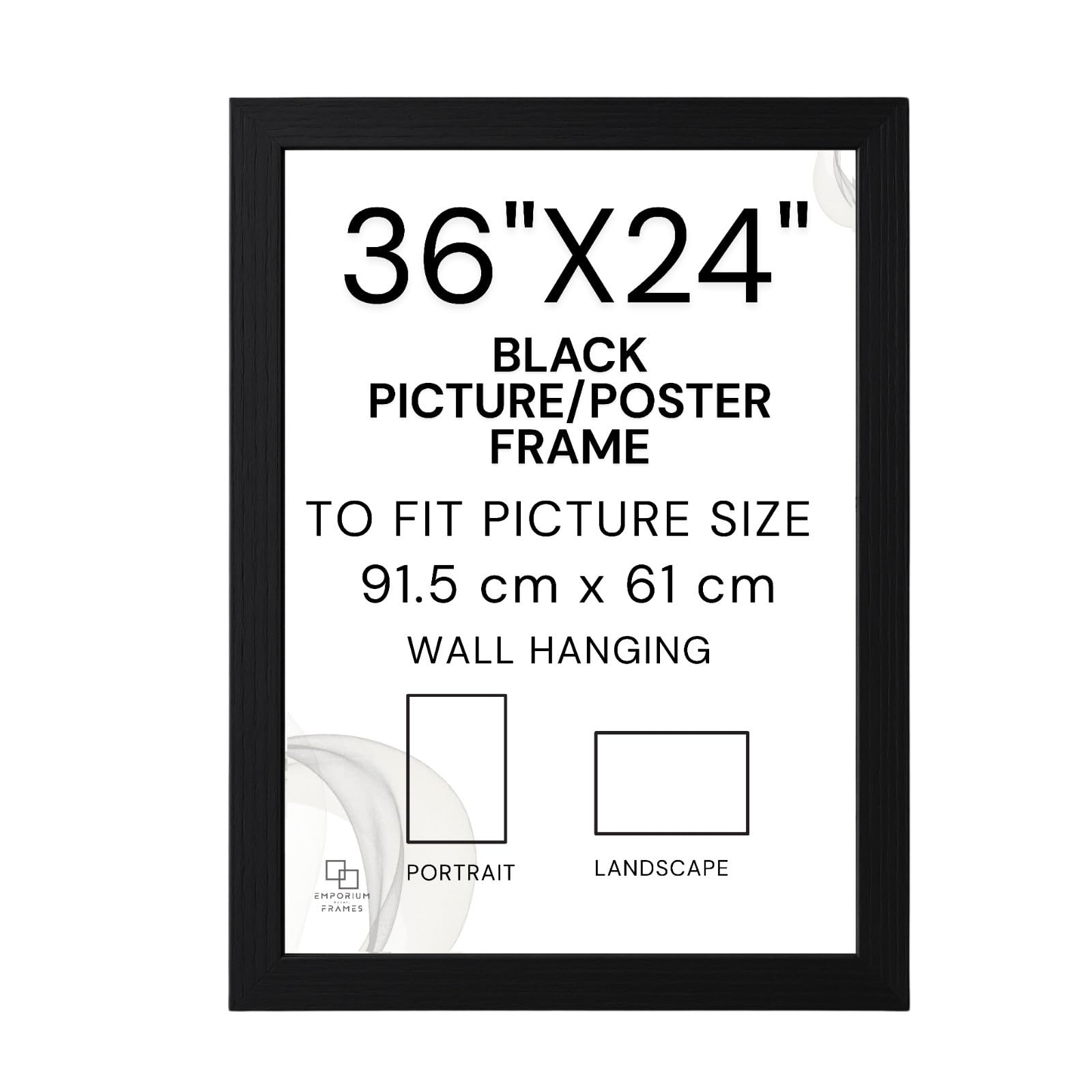 EMPORIUM RETAIL FRAMES Black 36x24 Inch Picture Frame (61 x 91.5cm) – Wood Poster Frame Maxi with Styrene Acrylic Glass, MDF Back & Hooks – Portrait or Landscape, Ideal for Gallery Wall Decorations